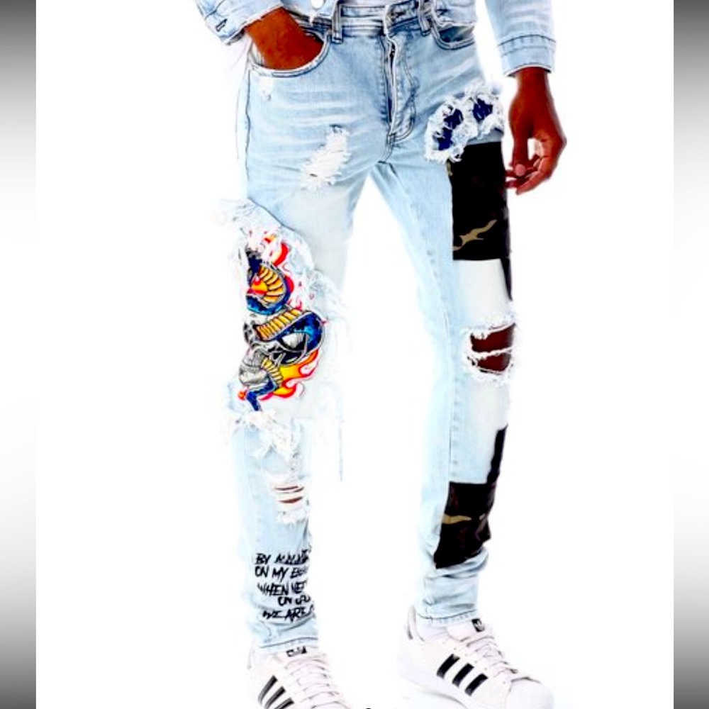 NWT!!! Mens stylish stretch skinny leg jeans w/ graphics; Sz 40W